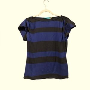 ALICE & OLIVIA Silk navy striped cap pleated sleeved blouse size XS